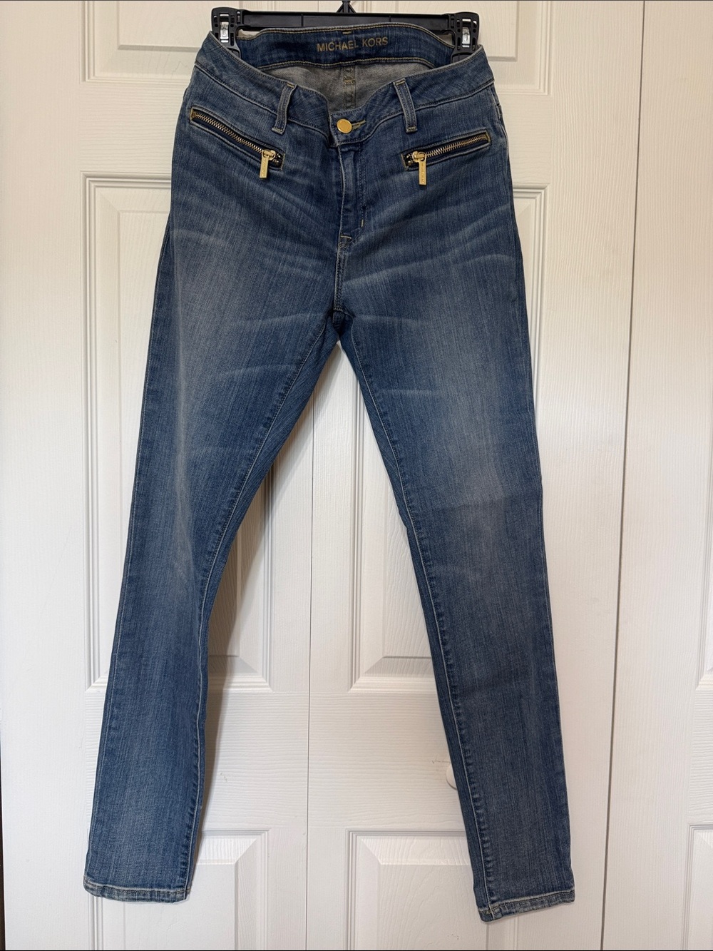 Michael Kors Women's Medium Blue Skinny Jeans with Gold Zipper Detail